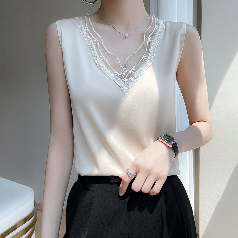 25 All-match Camisole plus size Women's Mulberry Silk Inner Shirt Outer Wear Sleeveless Base Lace V-neck Top