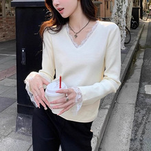 法式蕾丝拼接V领长袖针织衫女2025秋冬款气质修身内搭打底毛衣女