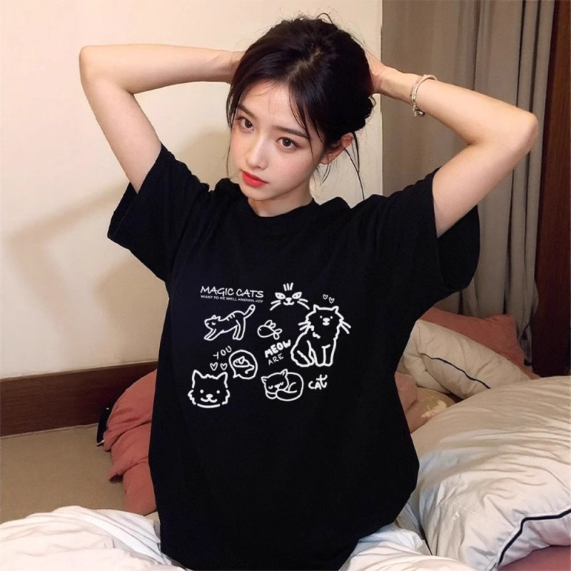Summer Plus-Size Loose Short-Sleeve T-Shirt for Women, Black Cartoon Print, Japanese Style, Casual Mid-Length Ins