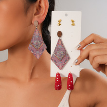 六件套欧美木头布艺菱形圆形银针耳环民族风复古小众高级感耳饰女