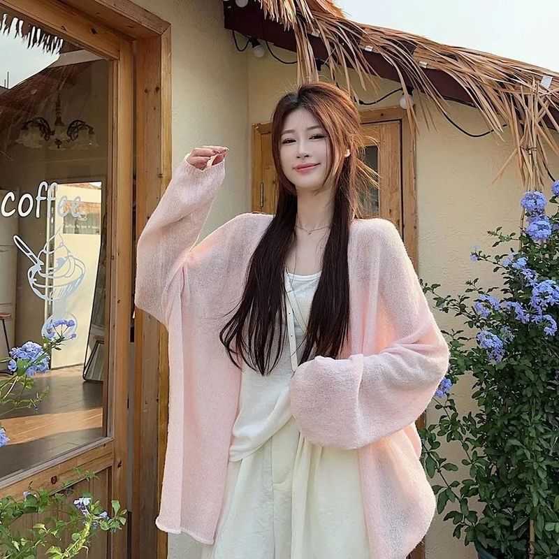 Gentle Style Pure Color Versatile Casual Knitted Cardigan for Women Summer Lazy Loose Thin Outer Air-Conditioned Blouse Top