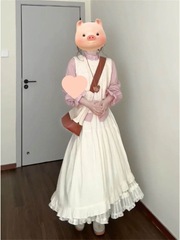 春季三件套装奶白色针织马甲+粉色边衬衫+奶白色高腰半身长裙