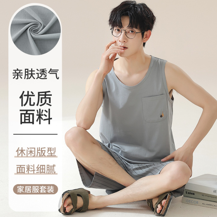 2024 verano de punto pijama de algodón chaleco de hombre pantalones cortos sin mangas delgados casero simple conjunto de ropa de casa al por mayor