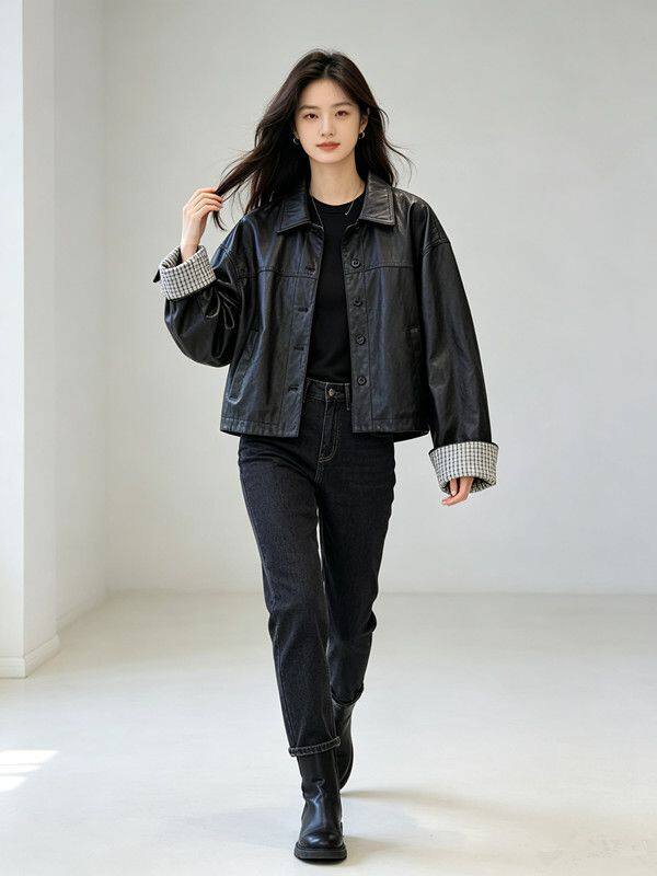 Áo khoác da PU nữ dáng ngắn cổ bẻ, phong cách Hàn Quốc, thời trang casual, dáng rộng, dễ phối đồ, retro, mùa thu — Màu nâu cà phê, màu đen chi tiết 15