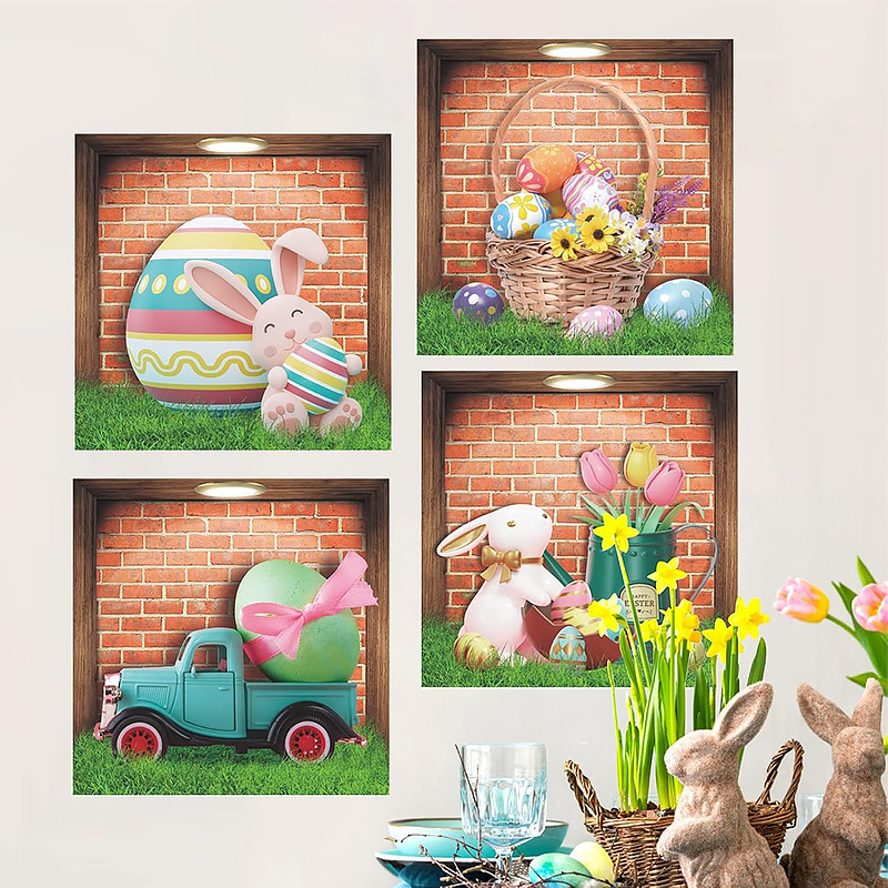 Nuovo adesivo da parete autoadesivo in PVC per decorazione domestica 3D di Pasqua, a forma di uovo, per finestra e coniglio._voghion.com