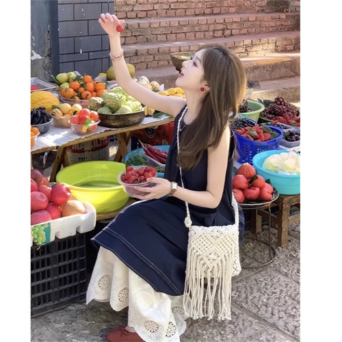 French lace spliced faux two-piece vest dress, women's summer new loose A-line maxi dress, elegant one-piece skirt.