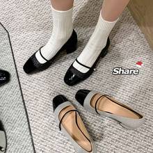 真皮法式粗跟银色玛丽珍鞋女方头拼色珍珠一字带亮片闪闪中跟单鞋