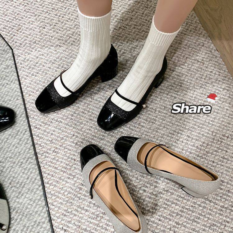 真皮法式粗跟银色玛丽珍鞋女方头拼色珍珠一字带亮片闪闪中跟单鞋