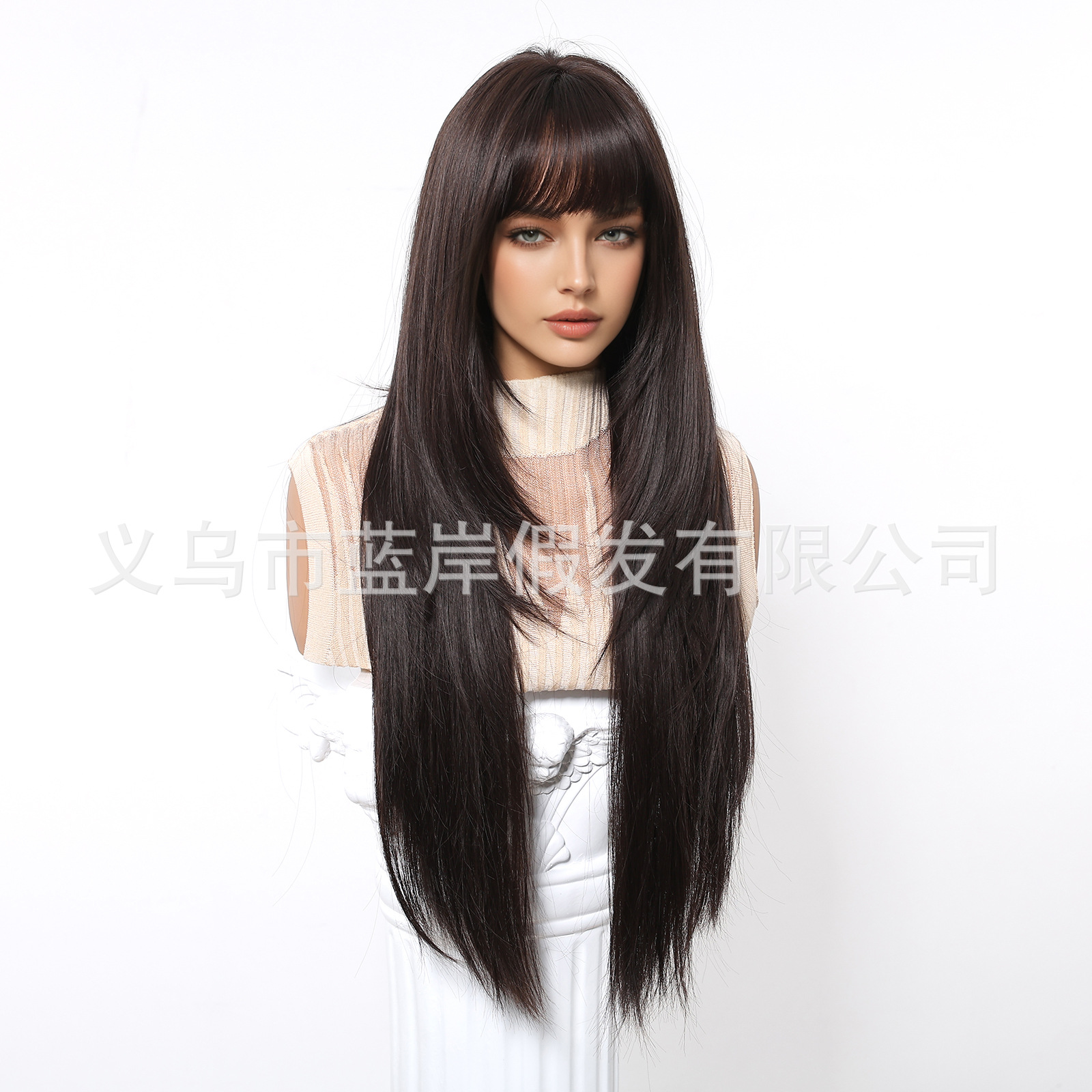 Transfronterizo nueva peluca femenina pura deseo aire bang 30 pulgadas capa marrón negro sentido largo cabello recto cubierta de cabeza