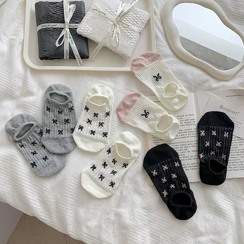 Japanese Ins Summer Shallow Socks Women's Socks Boat Socks Invisible Socks Cute Bow Mesh Cotton Socks Thin