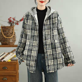 实拍秋冬季文艺范棉麻格子加绒宽松简约中长款长袖连帽衬衫外套女