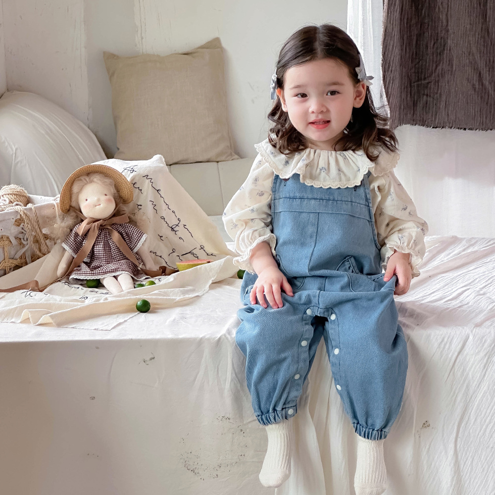 Ropa de bebé 2024 otoño camisa de solapa fresca mono de mezclilla traje de dos piezas de manga larga para bebé