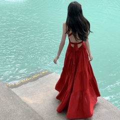 三亜海辺の写真撮影服、スーパーフェアリーレッドサスペンダービーチロングスカート、タイの休暇ドレス、高級感