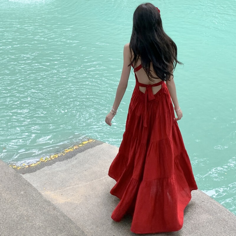 三亜海辺の写真撮影服、スーパーフェアリーレッドサスペンダービーチロングスカート、タイの休暇ドレス、高級感|undefined