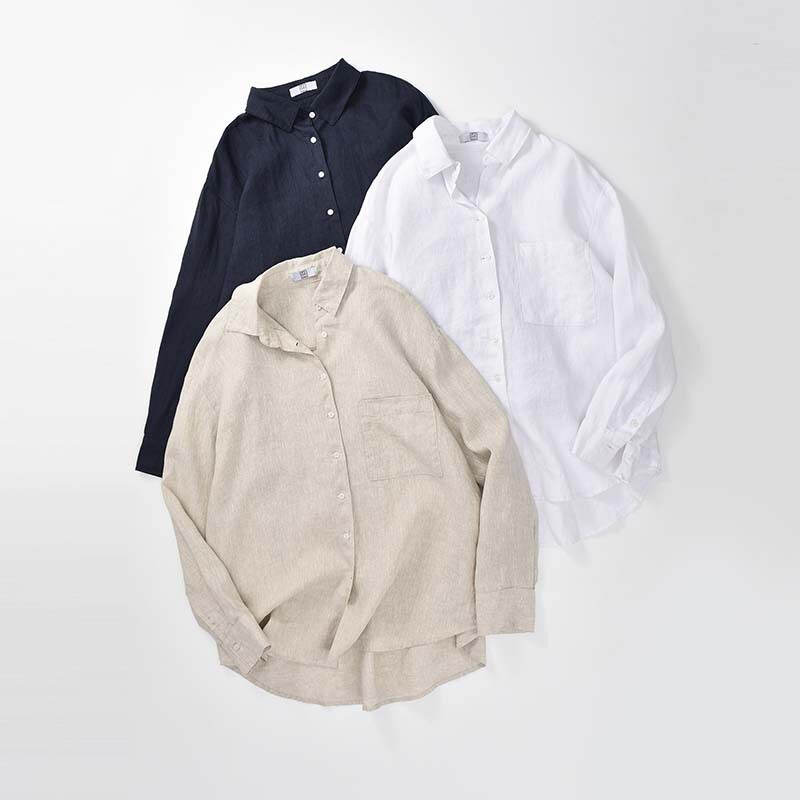 Pure Linen Shirt Women's White Loose Rain Dew Linen Sun Protection Versatile Silhouette Spring and Summer New Large Size Shirt Jacket