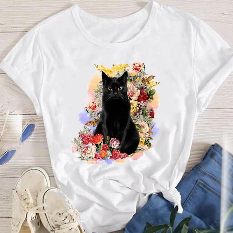 Regular Sleeve Sleeve Type Polyester Fabric Type Regular Top Length Wholesale Women'S Fashion Cat Flower Short Sleeve Printing T-Shirts