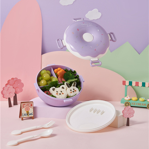 Donut new product children's portable lunch box creative compartmented lunch box with lid including spoon and fork cute girl's lunch box