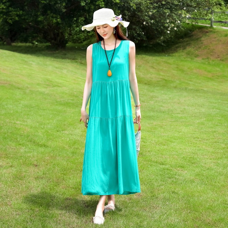 ノースリーブの若い女性の綿シルクドレス夏の海辺の休暇プラスサイズの膝丈ビーチドレス|undefined