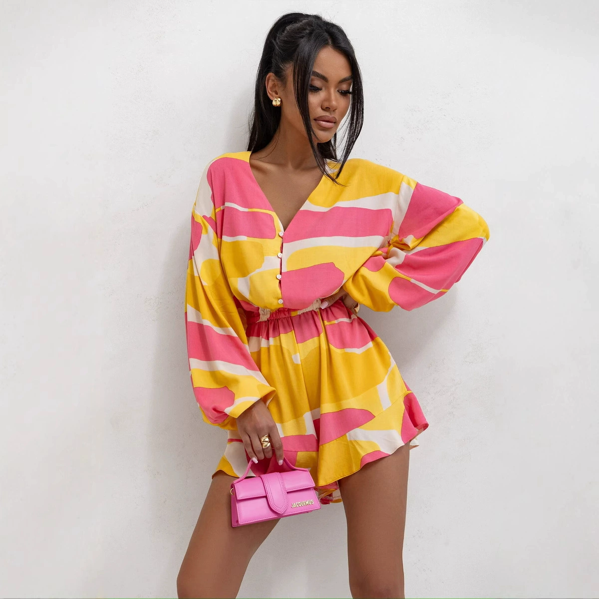 Summer cute flashlight, long-sleeve, brace, bodysuit, overall, European style, loose fit, V-neckline