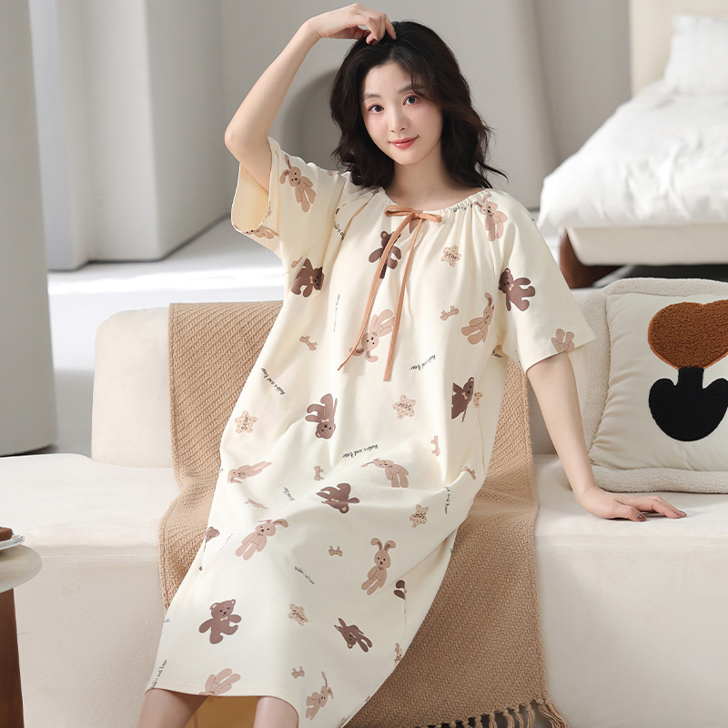 Summer Pull-Up Cotton Pajamas for Women with Breast Pads, Short-Sleeved Babydoll, Large Size Nightgown, Korean Pure Cotton Home Wear Set