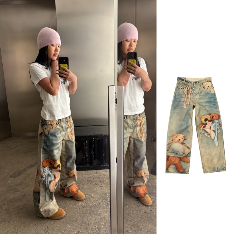 25Aw Ac Correct Version 1981/3D Printed Teddy Bear Bow Printed Loose Denim Pants
