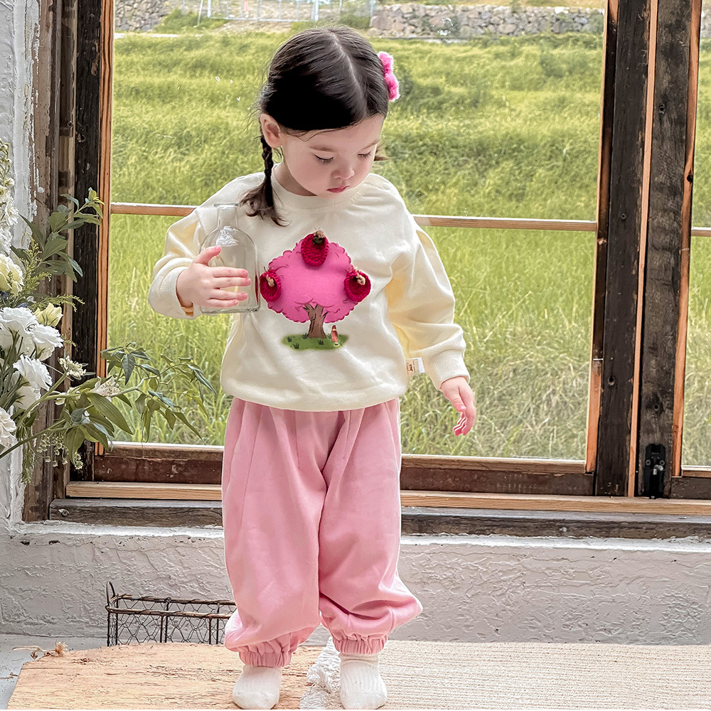 Ropa para niños coreanos 25 años otoño nuevo producto traje de bebé dibujos animados contraste color suéter pantalones mujer ropa de bebé traje de dos piezas