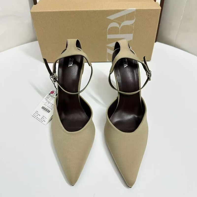 Za2025 Autum New Women's Shoes Silk Satin Texture Ankle Strap High Heels Shallow Mouth Mule Shoes Za2025 Autum New Women's Shoes Silk Satin Texture Ankle Strap High Heels Shallow Mouth Mule Shoes