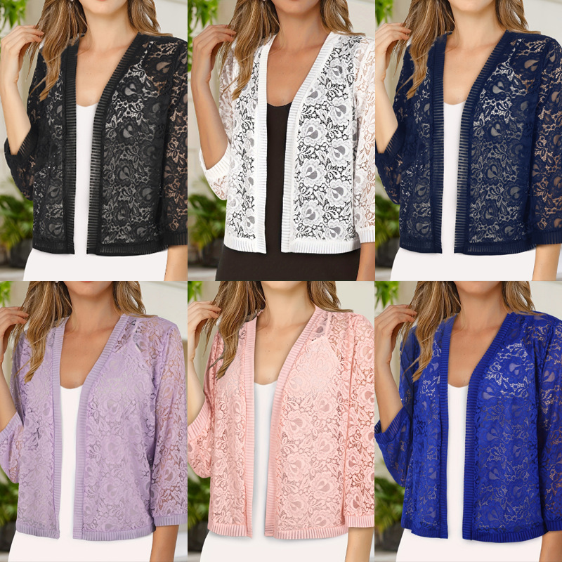 2025 Amazon Cross-Border Foreign Trade V-neck Three-quarter Sleeve Fashionable Women's Top, White Lace High-End Knit Cardigan