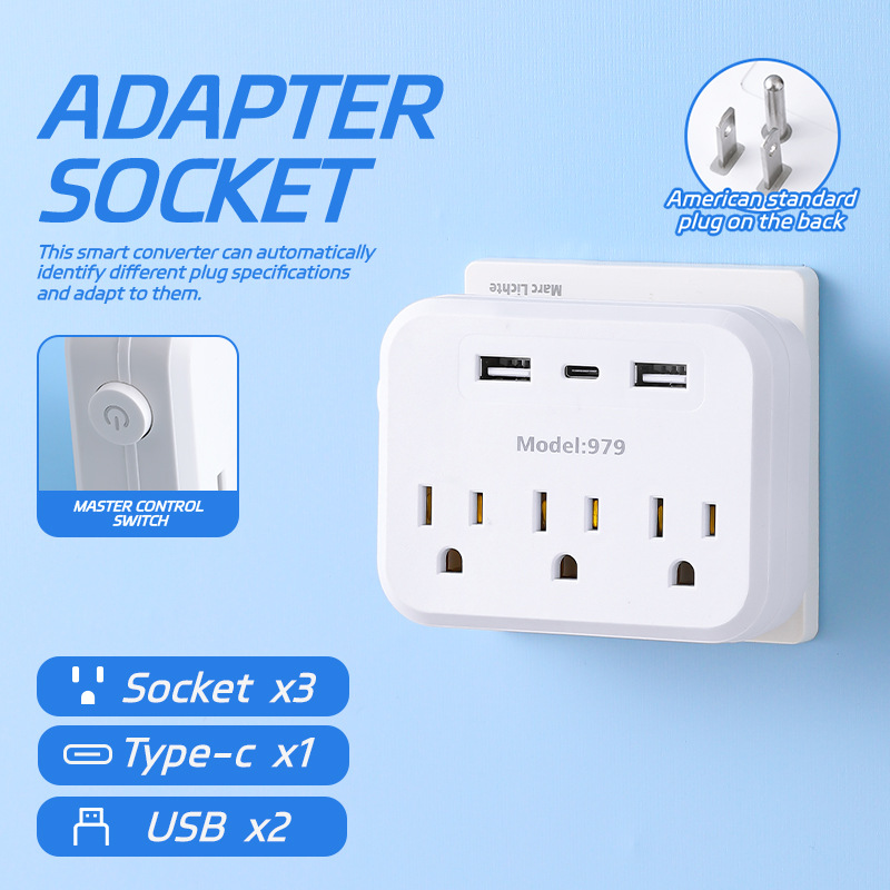 Suministro transfronterizo estándar 110V conector de convertidor USB + tipo-c conector de carga rápida extensión de conector negro