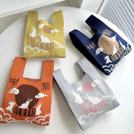 中秋节国风月兔针织手拎包 大容量针织手提包袋烘焙伴手礼袋批发