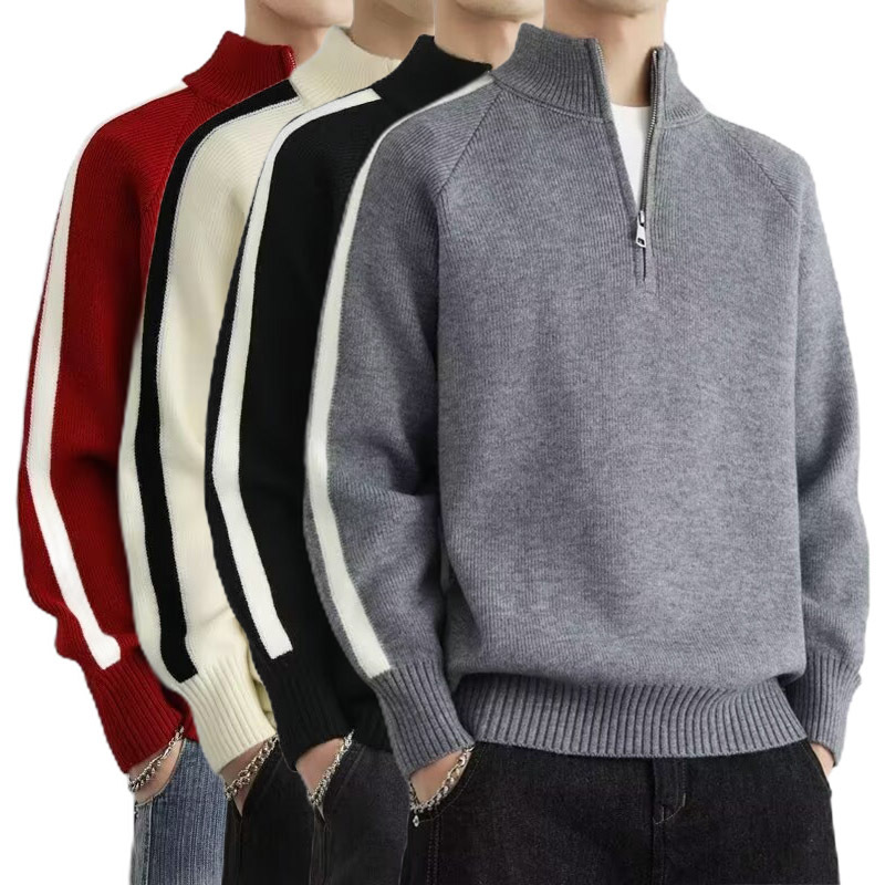 Explosiones transfronterizas de tamaño europeo gran collar Henry collar medio cremallera camiseta de punto suéter hombre rayas otoño invierno fábrica al por mayor