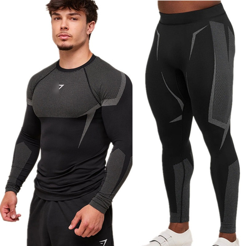 Gym Cross-Border New Men's Fitness Long-Sleeved Pants Gym Muscular Men's Training Sweat-Absorbent Breathable Suit