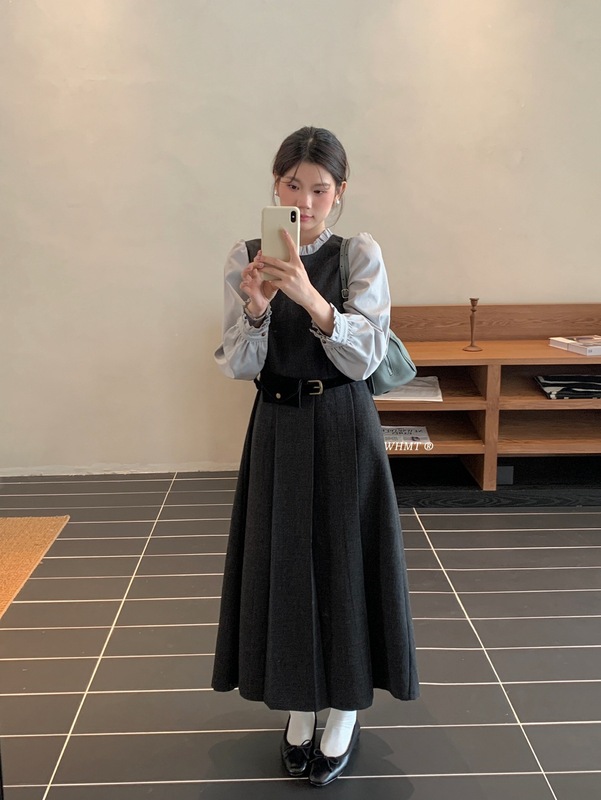 【WOW】韩系氛围感木耳花边领拼接假两件百褶显瘦连衣裙(配腰包)|undefined