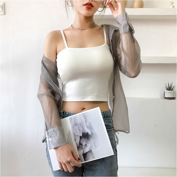 Short Style 40S Cotton Adjustable Shoulder Strap Camisole with a One-Line Neckline, Women's Solid Color Slim-Fit Outerwear Base Shirt