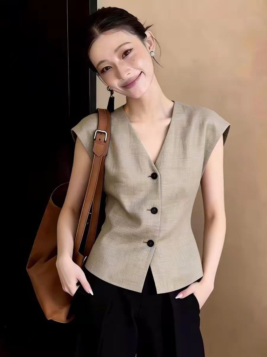 Áo vest gile nữ không tay công sở kiểu mới mùa xuân hè — màu kaki