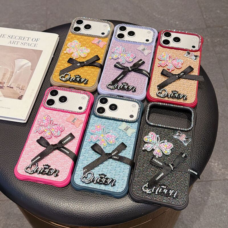 Suitable for iPhone 18, stone-pattern phone case, 17 Pro Max, Apple, cross-border design, featuring a bow, shell, glitter, and floral patterns with rhinestones