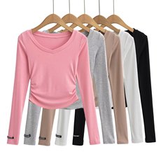 Ladies' Autumn New V-Neck Long-Sleeve Base Shirt Tight Sexy Pure Desire Style T-Shirt with High Elasticity Body Shaping