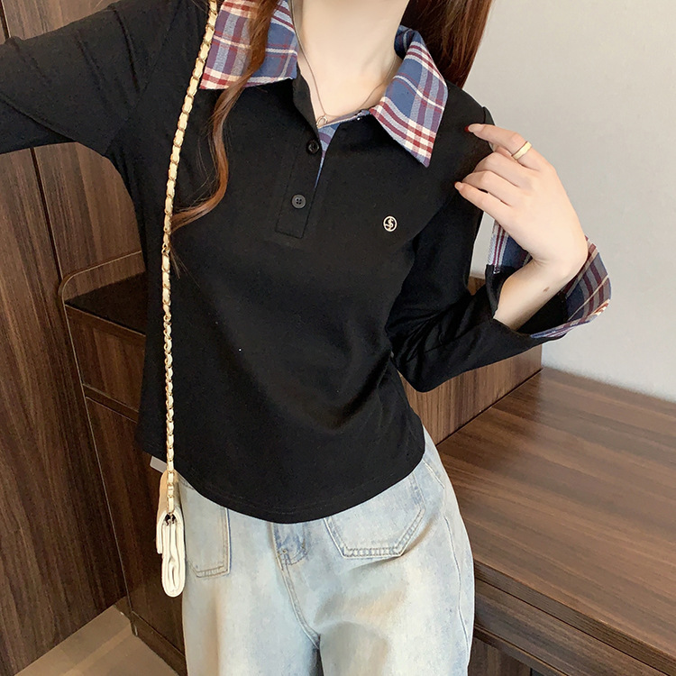 2025秋季新款胖mm大码女美式复古拼接polo领假两件长袖T恤上衣|undefined