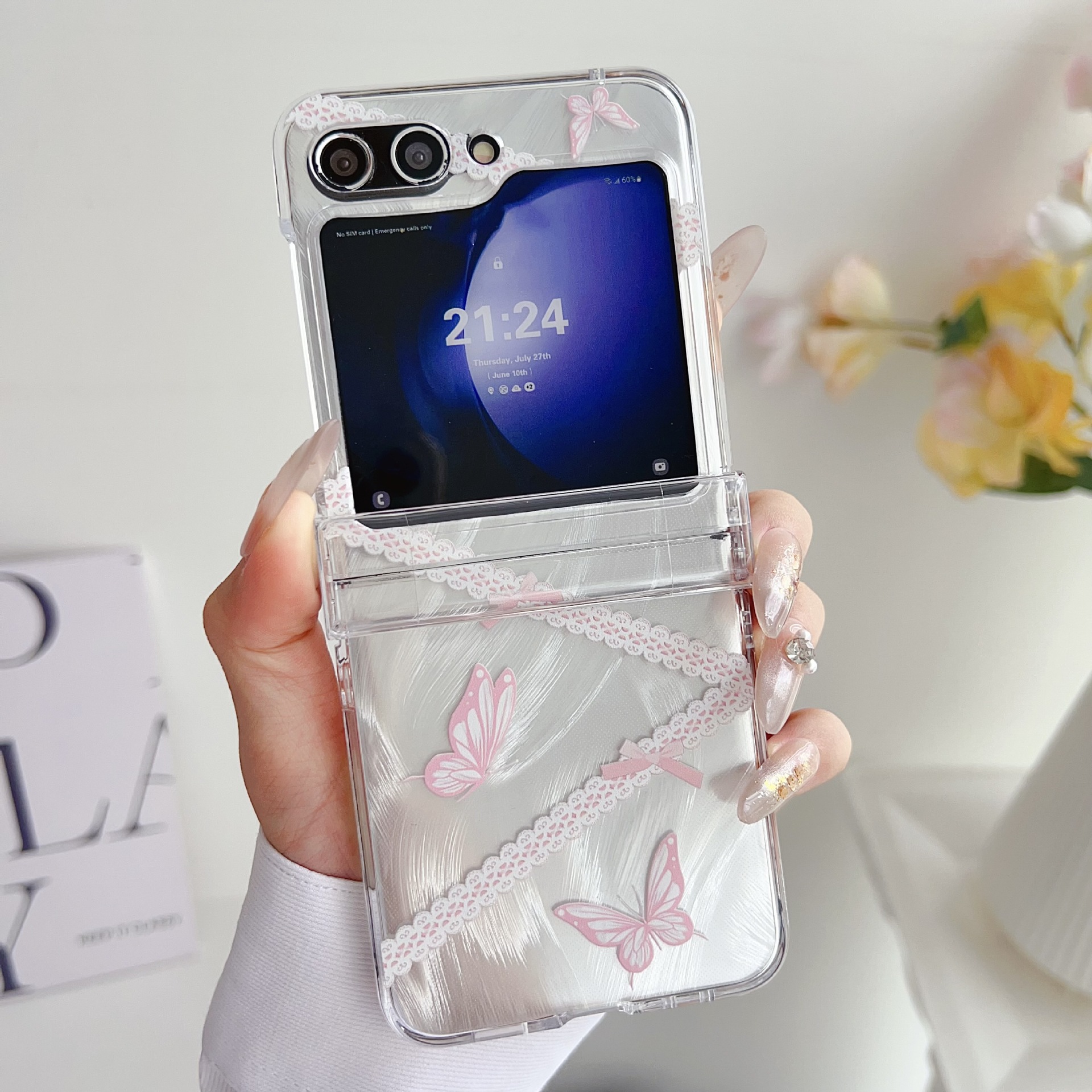Feather Yarn Lace Butterfly For Samsung Z Flip5 Transparent ZFlip3/4 Protective Case Korean Style Fashion_voghion.com
