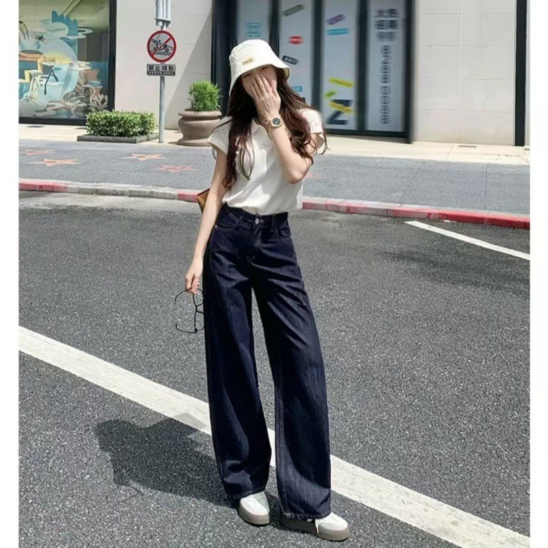 丹宁蓝弯刀牛仔裤女2025年新款高腰宽松长裤春秋季设计感阔腿裤子|undefined