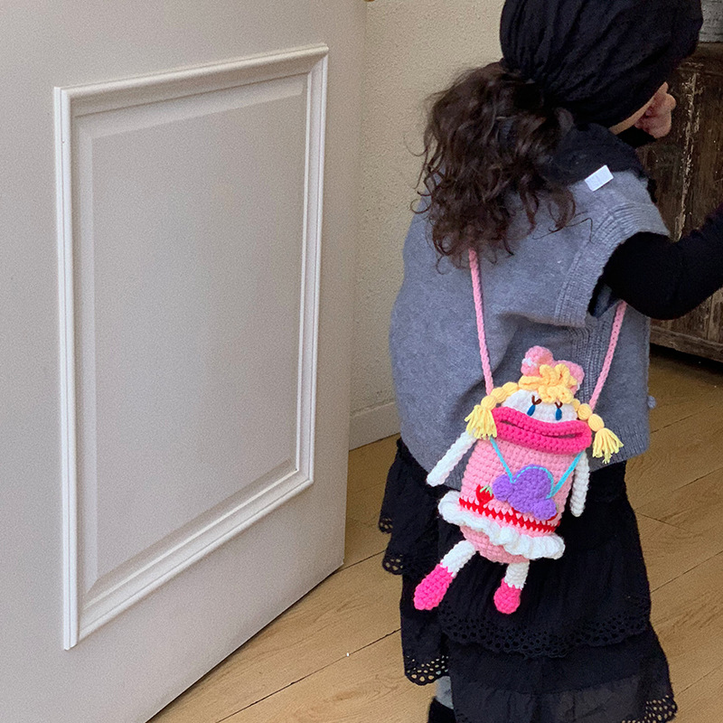 Bolsas para niños otoño y invierno nuevos lindos bolsas de lana coreanas tejidas a mano rosa gran boca bolsas de cambio de teléfono móvil