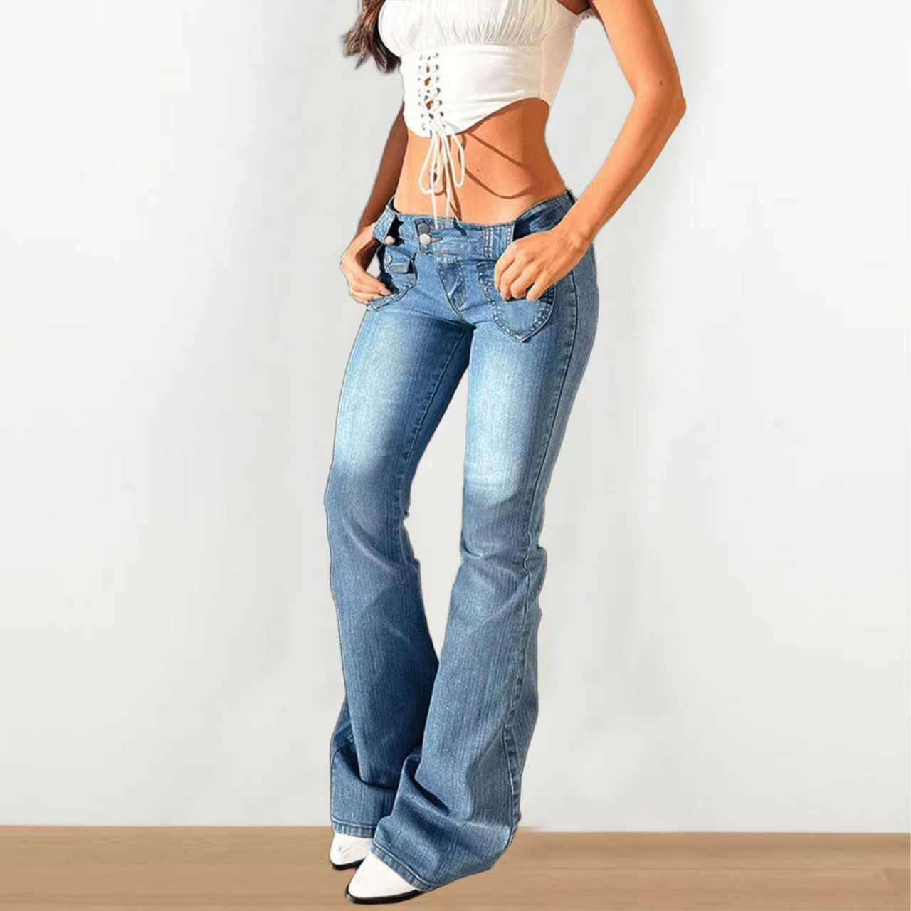 Women's Slim Fit High Stretch Low Rise Flared Pants Style Sexy Baggy Jeans_ecoleips.com