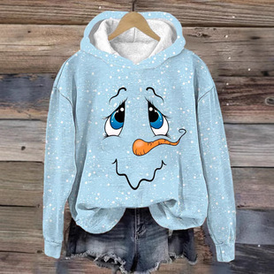 2024 Independent Station European and American Women's Pullover Sweat 3D Digital Printing Loose Casual Non-Drawstring Hooded Top