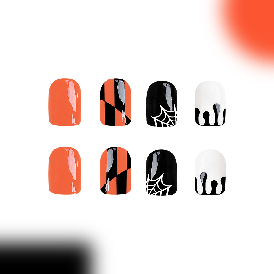 Halloween False Nails Glittering Spider Web Square Press Ons_voghion.com