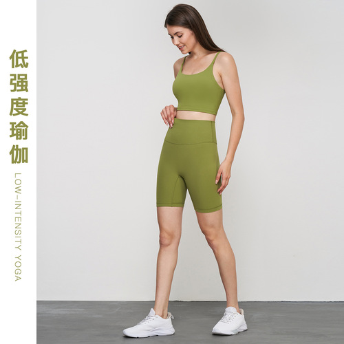 Carefully selected new size-free yoga shorts, one-piece Lycra high-waisted nude seamless three-quarter tight fitness pants