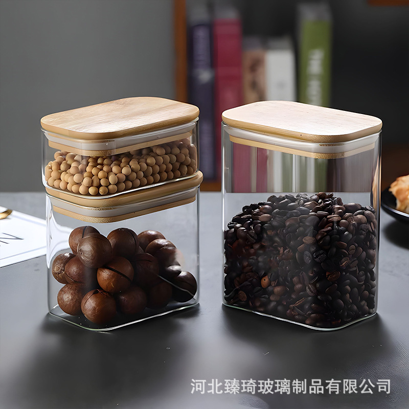 Tanque sellado de vidrio Tanque de almacenamiento cuadrado de vidrio con alto contenido de borosilicato Tanque de almacenamiento de vidrio transparente transfronterizo de granos integrales de cocina