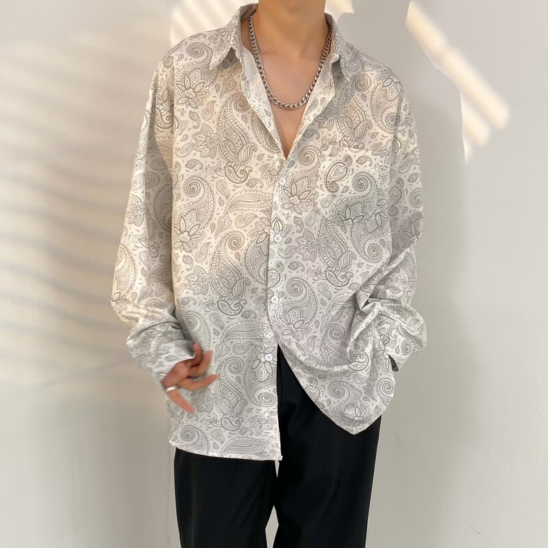 Full-body cashew print long-sleeve loose shirt for men, summer Hong Kong style casual versatile shirt jacket, casual top