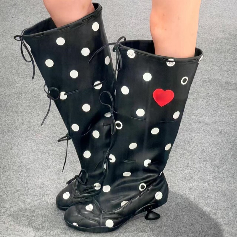 2025 Autumn/Winter New Genuine Leather Polka Dot Ballet Lace-Up Long Boots for Women, Fashionable High Heel Boots with Wide Calf Circumference, High Tube Fashion Boots