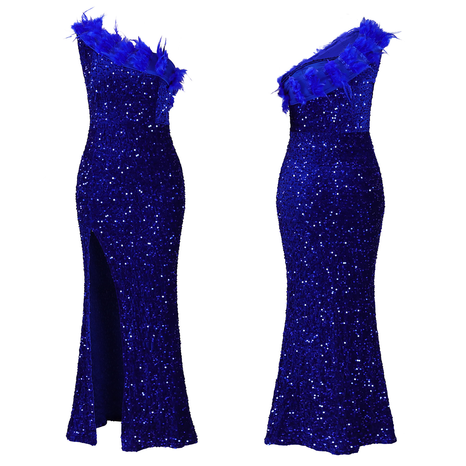 Women's Clothing women's summer sexy fashion feather oblique collar banquet dress skirt sequin slit long skirt_voghion.com