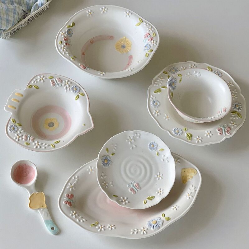 Trendy Ceramic Dinnerware Set for Home Use, Bowls and Plates with an Instagram-Worthy Aesthetic, Dessert Bowls, Breakfast Bowls, Double-Handle Soup Bowls Trendy Ceramic Dinnerware Set for Home Use, Bowls and Plates with an Instagram-Worthy Aesthetic, Dessert Bowls, Breakfast Bowls, Double-Handle Soup Bowls